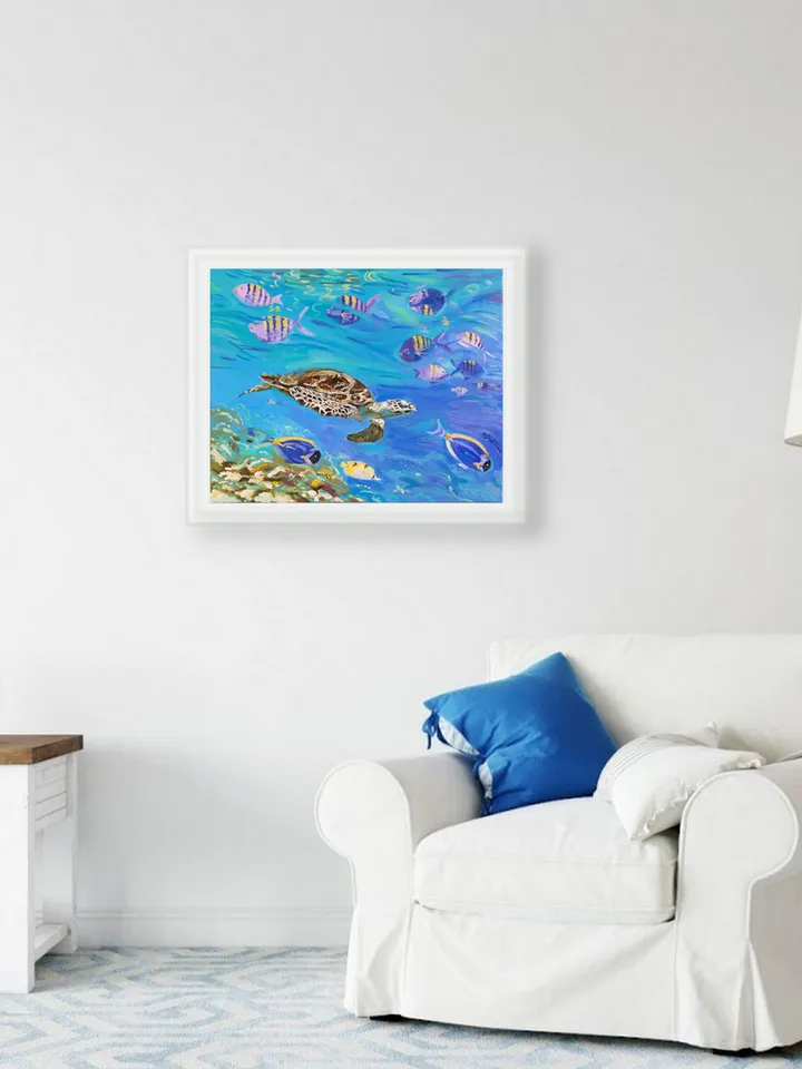 Turtle painting Tortoise Original Art 16 by 20 Fish painting on canvas art square Terrapin artwork by Natalia Plotnikova