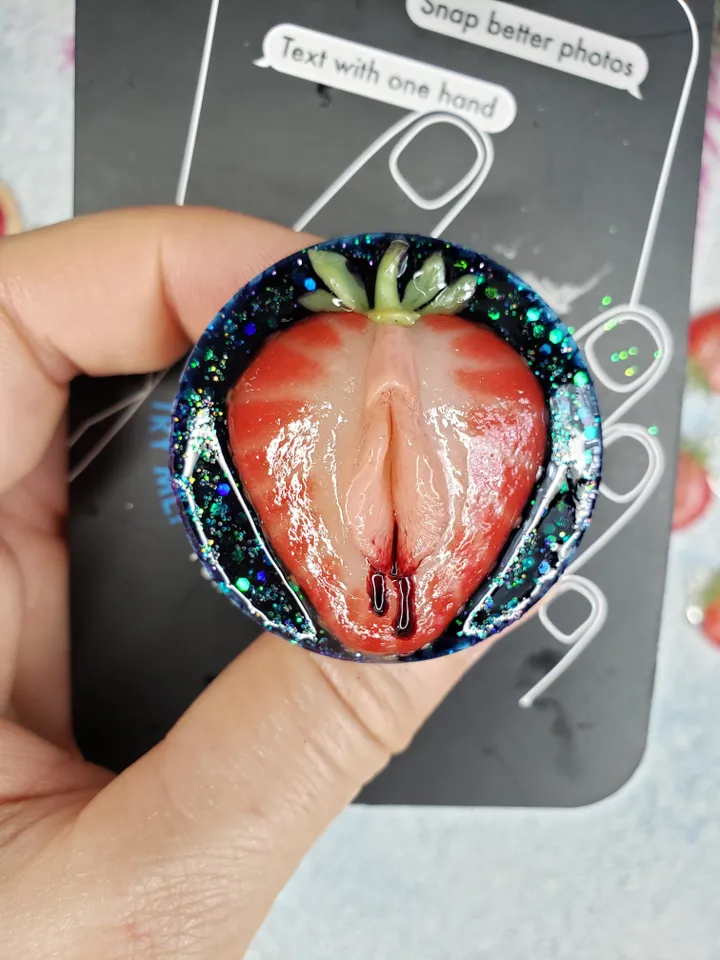 Strawberry phone grip, not swappable popsockets, polymer clay