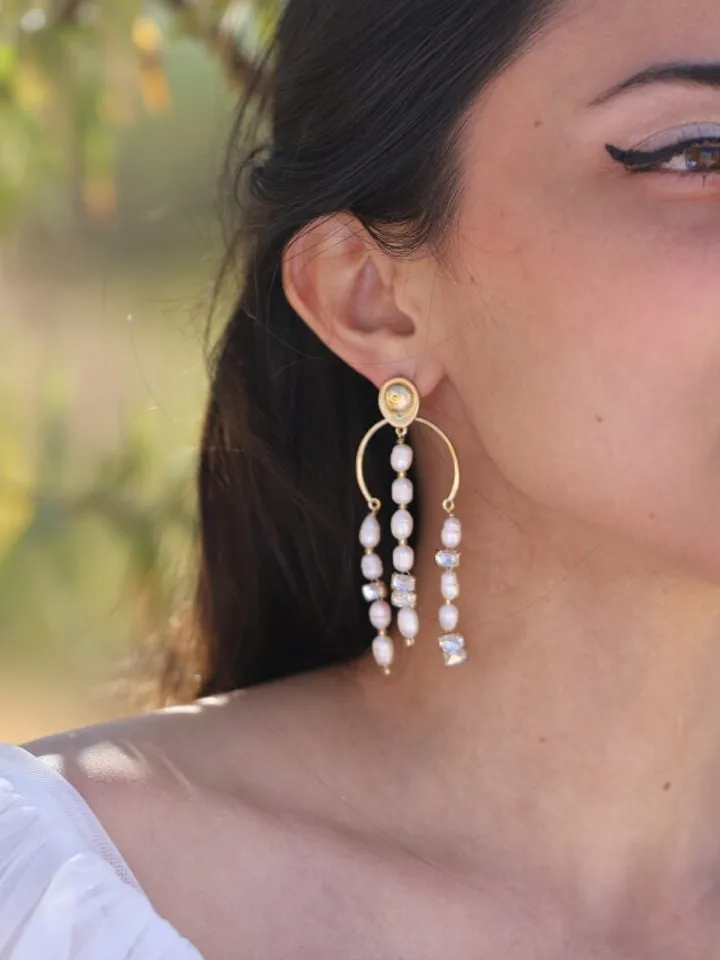 Art Deco Freshwater Pearl Wedding Earrings For Bride, Vintage Style Chandelier Statement Bridal Earrings, Boho Statement Wedding Jewelry
