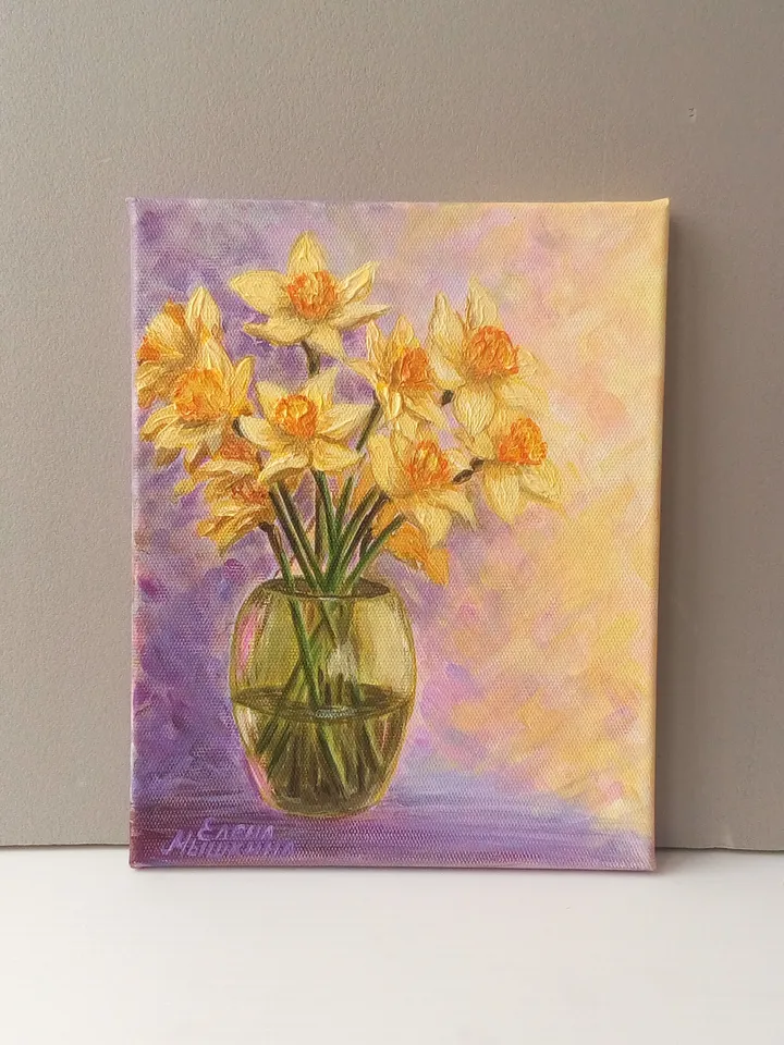 Painting with daffodils, Daffodils in a vase painting, Acrylic painting, Painting with flowers, Flowers painting, Daffodils art.
