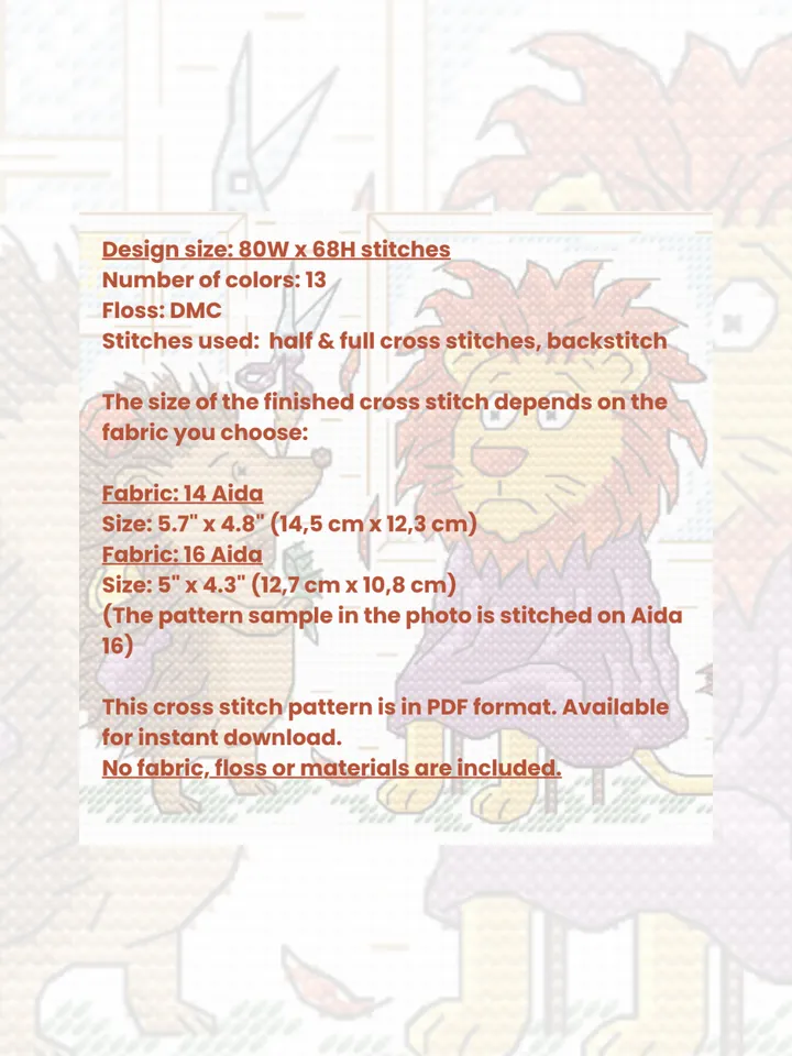 Cross Stitch Pattern PDF Haircut – Cute Hedgehog Trimming a Lion
