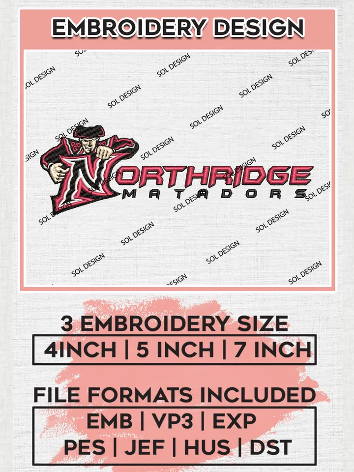 NCAA Northridge Matadors Team Logo Embroidery Design Files, NCAA Cal State Northridge Matadors Machine Embroidery, NCAA Teams, Game Day, 3 sizes, NCAA Machine embroidery designs, Digital Download