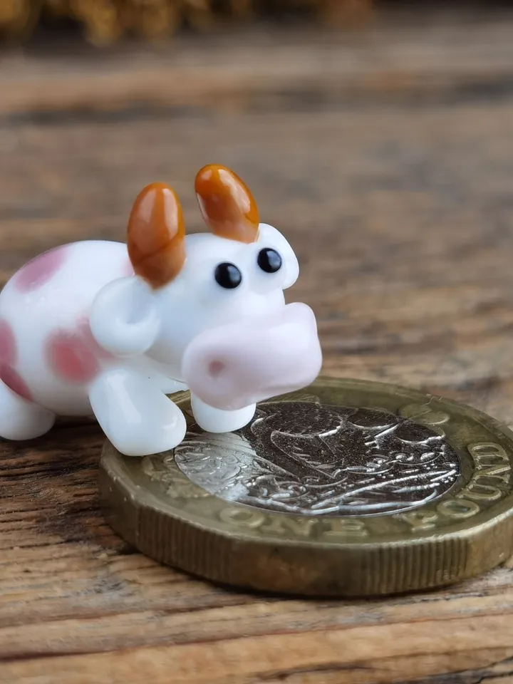 GLASS FIGURINES Cow figurine Glass cow Miniature cow tiny cow Tiny glass animals Farm animals Strawberry Dollhouse miniature Blown