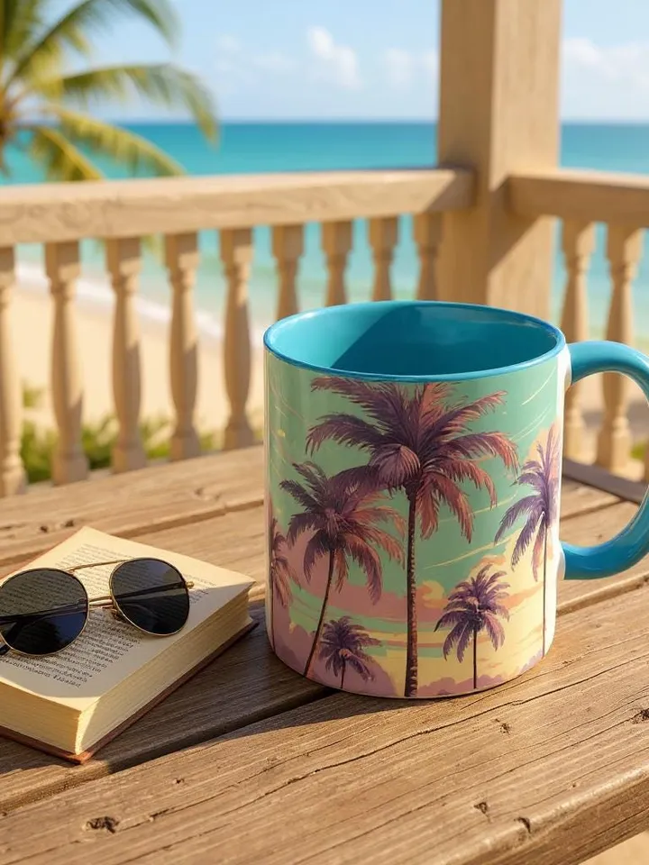 Retro Palm Tree Sunset Mug with 70s Aesthetic Coastal Vibes, Summer Pastel Boho Coffee Cup, Beach Lover Gift Idea, Home Decor, Gift For Her