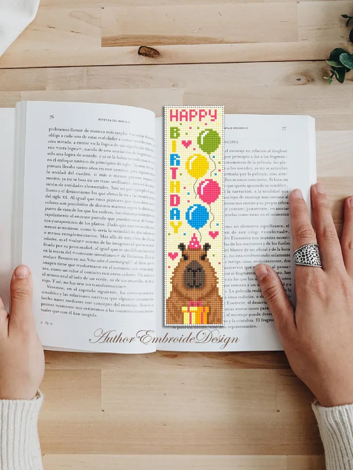 Birthday bookmark cross stitch pattern PDF download Funny capybara cross stitch chart, Bookmark pattern digital PDF, Happy birthday #B461