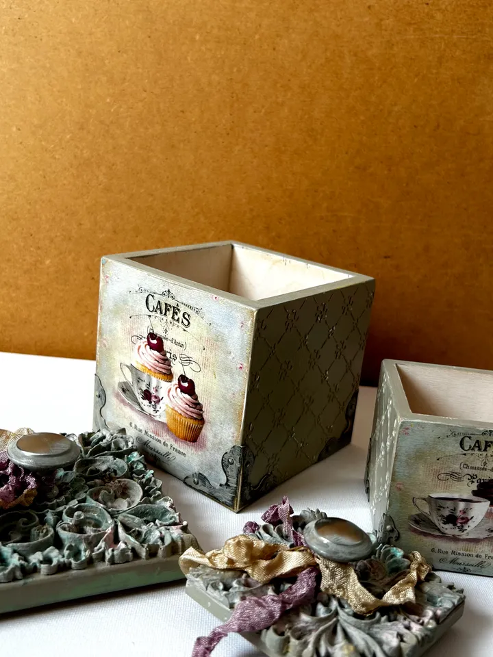 Decoupage boxes in vintage style with cupcakes - Unique Home Decor, Vintage-Inspired Decoupage Decorated Storage Box - Shabby Chic Organizer