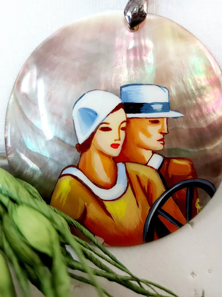 Russian Beautiful Pendant "Travelers" Mother-of-pearl hand-painted Russian jewelry miniature painting Gift for her Fedoskino Hand painted