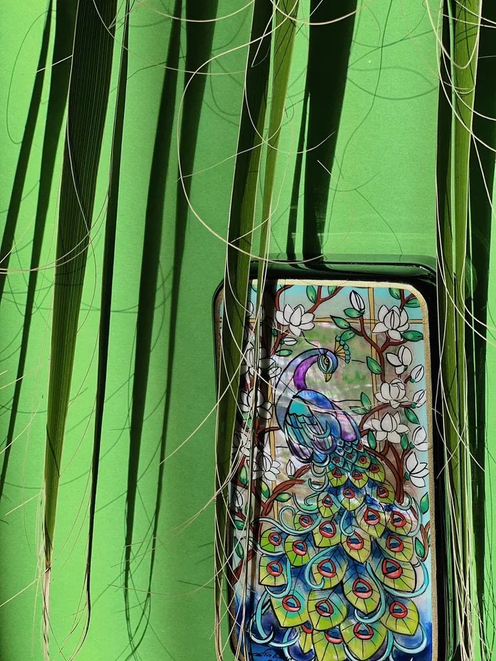 Beautiful Lacquer Box "Peacock" Hand painted miniature painting jewelry box Mother of pearl Papier mache Art gift Fedoskino