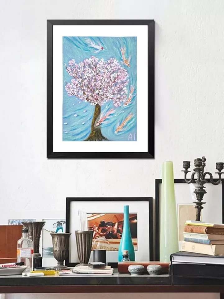 Pastel painting on paper Sakura and fish