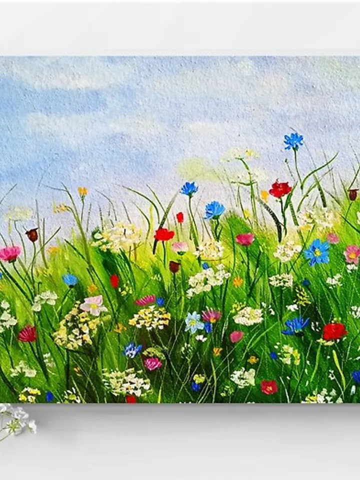 Landscape original oil painting of mountains and wildflowers impasto art