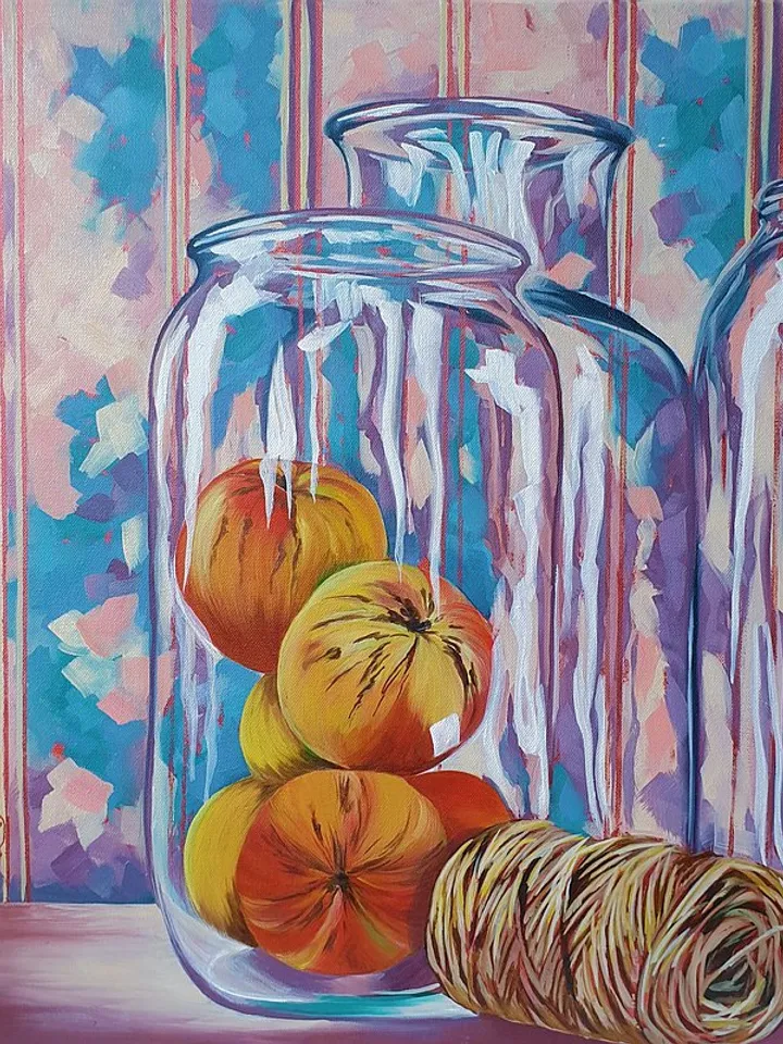 Apple Painting Jar Original Art Still Life Wall Art Oil Painting Canvas Art
