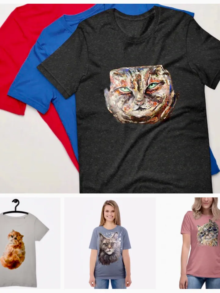 Mystery Cat Short-Sleeve Unisex T-Shirt made with my original mix media artwork,unique handmade cat t shirts,cat lovers wearable gifts.