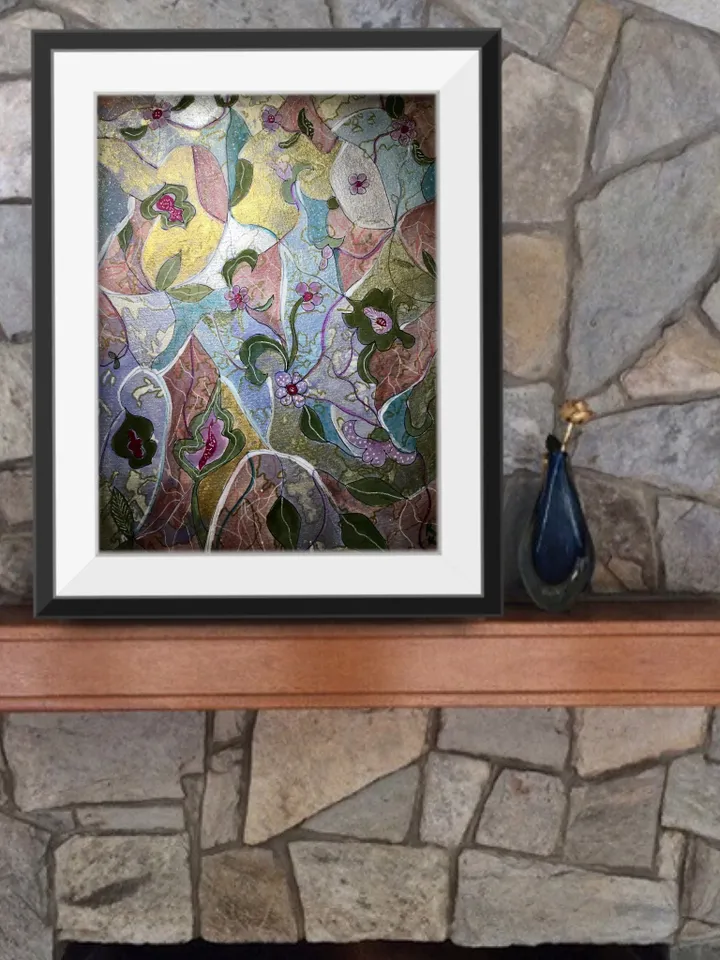 Abstract floral watercolor original artwork, fantasy wall art, pastel and golden colors wall art,one of a kind,wall decoration,gift