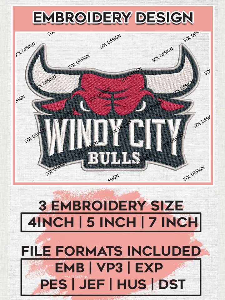 NBA Windy City Bulls Team Head Mascot Logo Embroidery Designs, NBA G League Team Embroidery Files, Basketball Machine Embroidery Designs, NBA Windy City Bulls Team Logo, Sport Machine Embroidery Design, Digital Download
