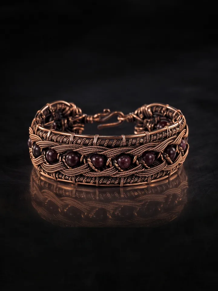 Copper wire wrapped garnet bracelet Unique bangle 7th Wedding Anniversary