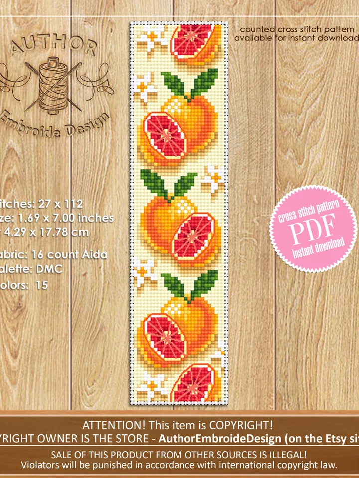 Bookmark grapefruit cross stitch pattern download PDF Tropical fruit cross stitch chart, Digital bookmark pattern PDF, Book lover gift #B144