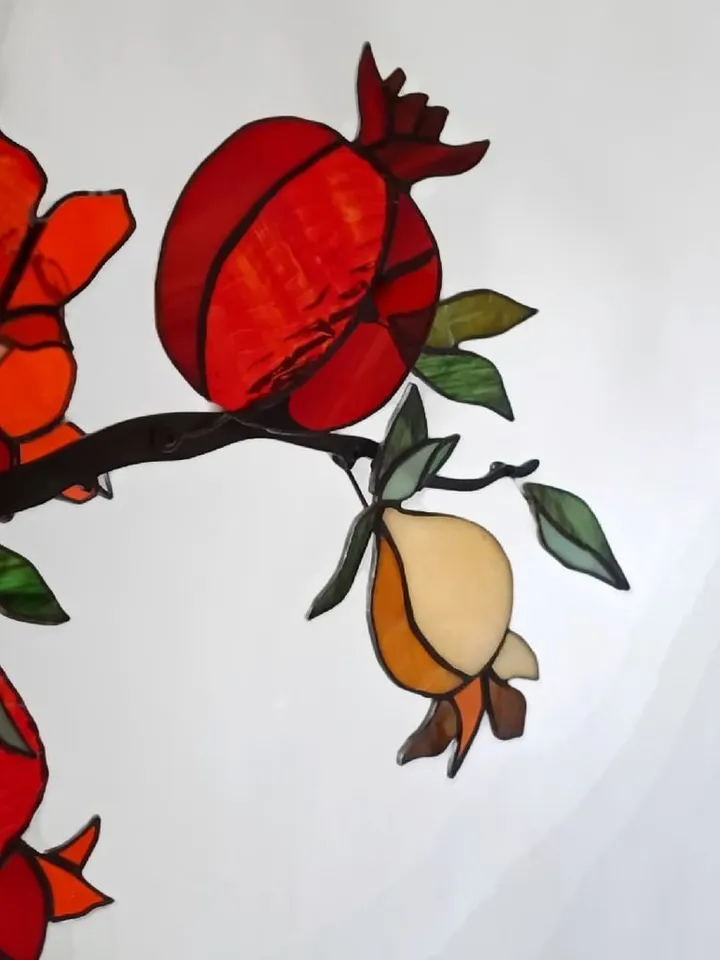 Pomegranates. Stained Glass Composition in Tiffany Technique, Tiffany Technique Stained Glass Composition, Tiffany-Style Stained Glass Artwork, Stained Glass Creation in Tiffany Style, Tiffany Technique Stained Glass Design, Stained Glass Art