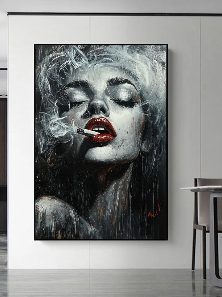 Smoking Woman Painting, Black and White Wall Art, Red Lips Art, Sensual Woman Portrait, Canvas Art, Large Wall Decor, Original Oil Painting