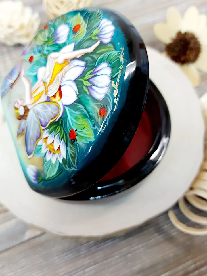 Beautiful Russian Lacquer Box "Forest Fairy" Hand painted miniature painting jewelry box Mother of pearl Papier mache Art gift Fedoskino
