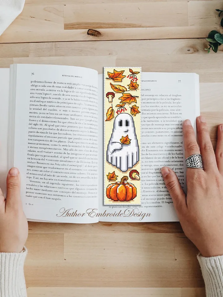 Ghost with pumpkin bookmark cross stitch pattern PDF download Cute ghost cross stitch chart, Fall bookmark pattern digital PDF #B369