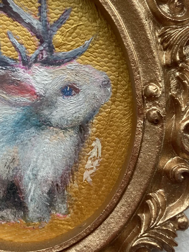 Jackalope Painting Small Original Framed Art Cryptid Gifts Mini Gold Framed Decor, Fairy Creatures Art, Tiny Art Whimsigoth Decor