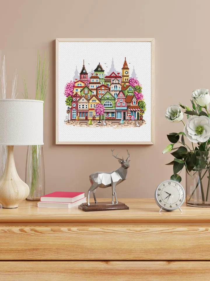 Spring houses cross stitch pattern PDF download Easter cross stitch, Spring city pattern digital, Urban landscape with cherry blossoms #E19