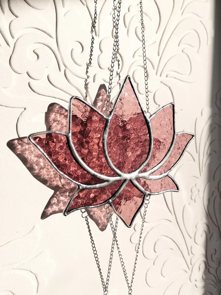 Stained glass sun catcher Lotus burgundy with crystal pendants