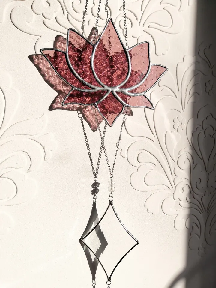 Stained glass sun catcher Lotus burgundy with crystal pendants
