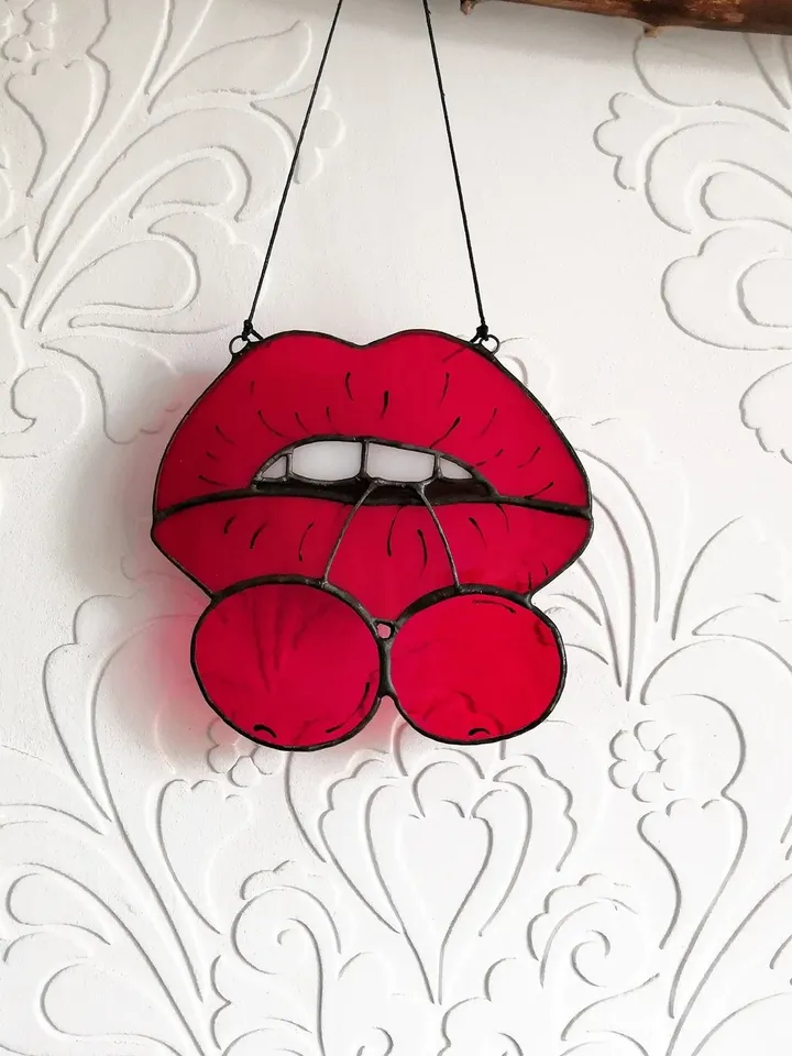 Stained glass sun catcher "Cherry Lips"