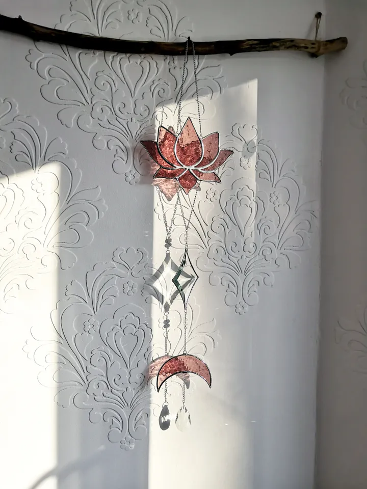 Stained glass sun catcher Lotus burgundy with crystal pendants