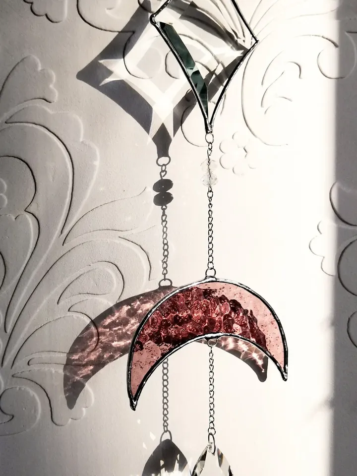 Stained glass sun catcher Lotus burgundy with crystal pendants