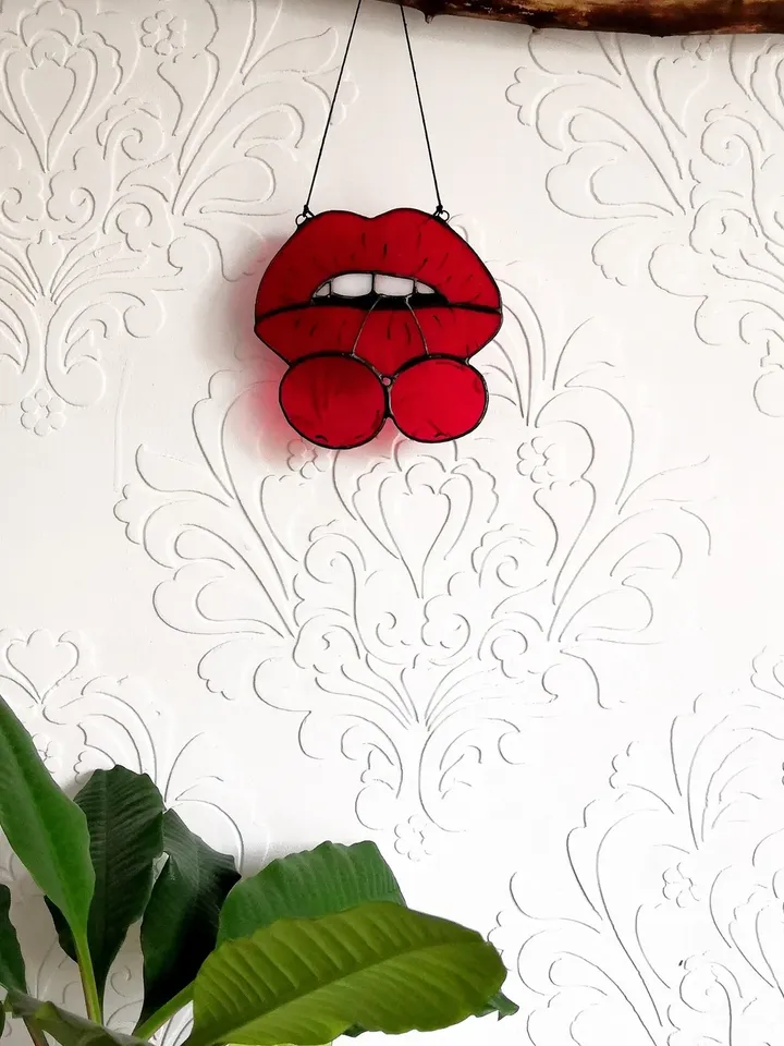 Stained glass sun catcher "Cherry Lips"