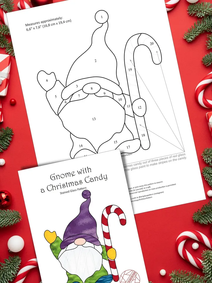 Stained Glass Pattern Suncatcher Gnome with a Christmas Candy - Digital Download PDF