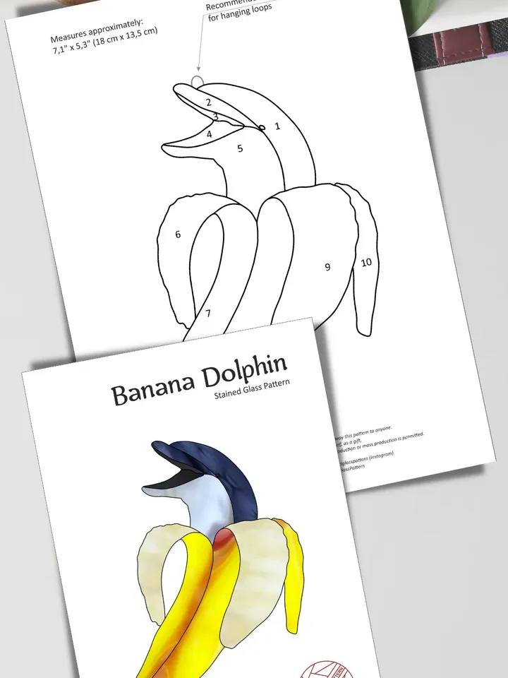 Easy stained glass pattern, Stained glass suncatcher pattern Banana Dolphin, Stained glass panel, Funny Animal ornament