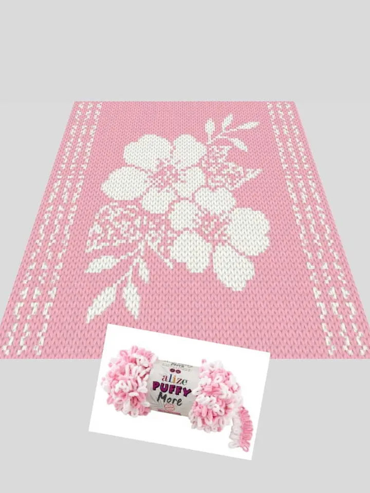 Loop yarn Finger knitted Sakura Flowers blanket pattern