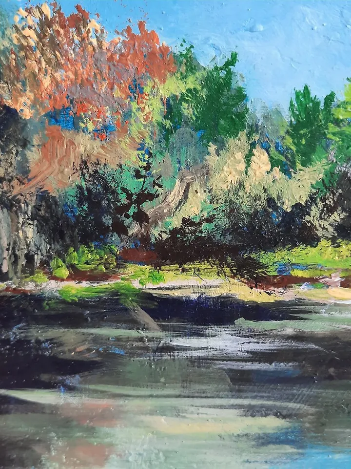 Birch painting Original acrylic art Dock painting Lake painting Forest landscape