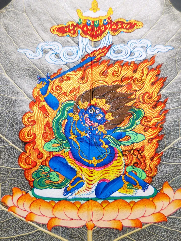 Gandhanra Handpainted Bodhi Leaf Thangka,Packed in Wooden Picture Frame,Painted with Natural Mineral Pigments,Achala Thangka