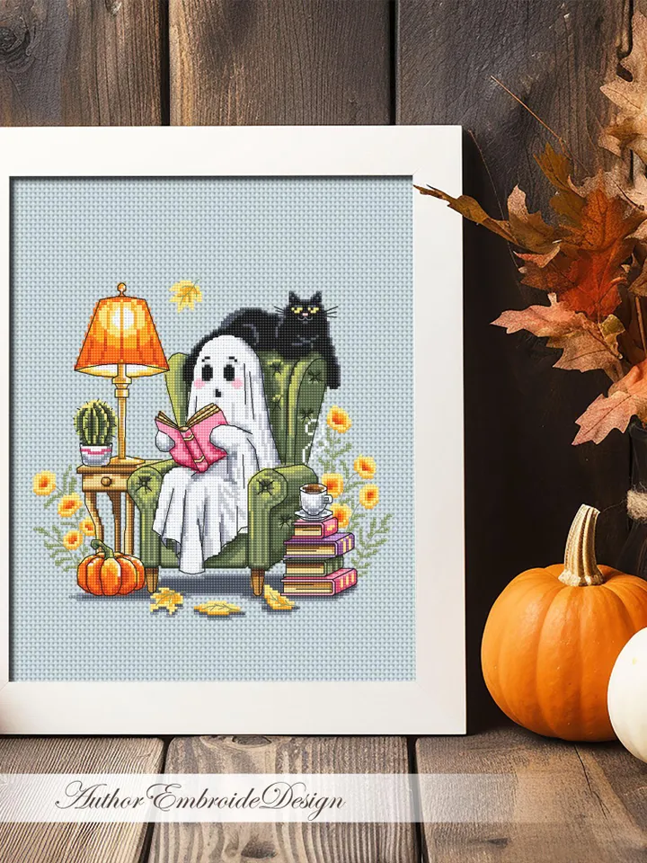 Reading ghost with black cat cross stitch pattern PDF download Cute ghost cross stitch chart, Halloween pattern digital PDF Fall leaves #H89