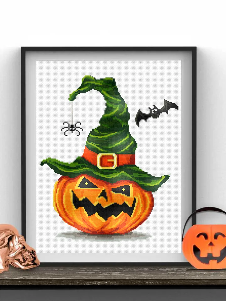 Halloween pumpkin cross stitch pattern PDF download Witch hat cross stitch chart, Happy Halloween pattern digital PDF, Halloween decor #H5