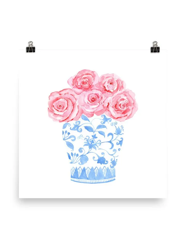 Blue Chinoiserie Vase Pink Rose Print, Watercolor Painting, Porcelain Giclee, Ginger Jar, Hampton Style Decor, Gift For Her, Blue And White