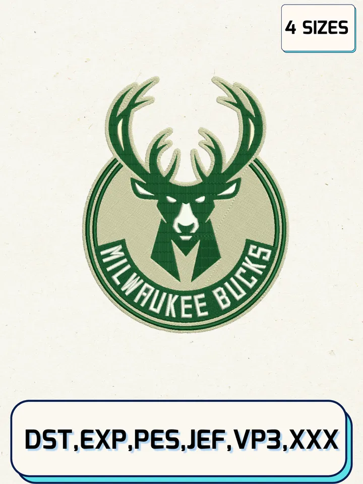 Milwaukee Bucks Logos Embroidery Design Files,NBA Logos Embroidery Designs,Machine Embroidery Files,4 Sizes