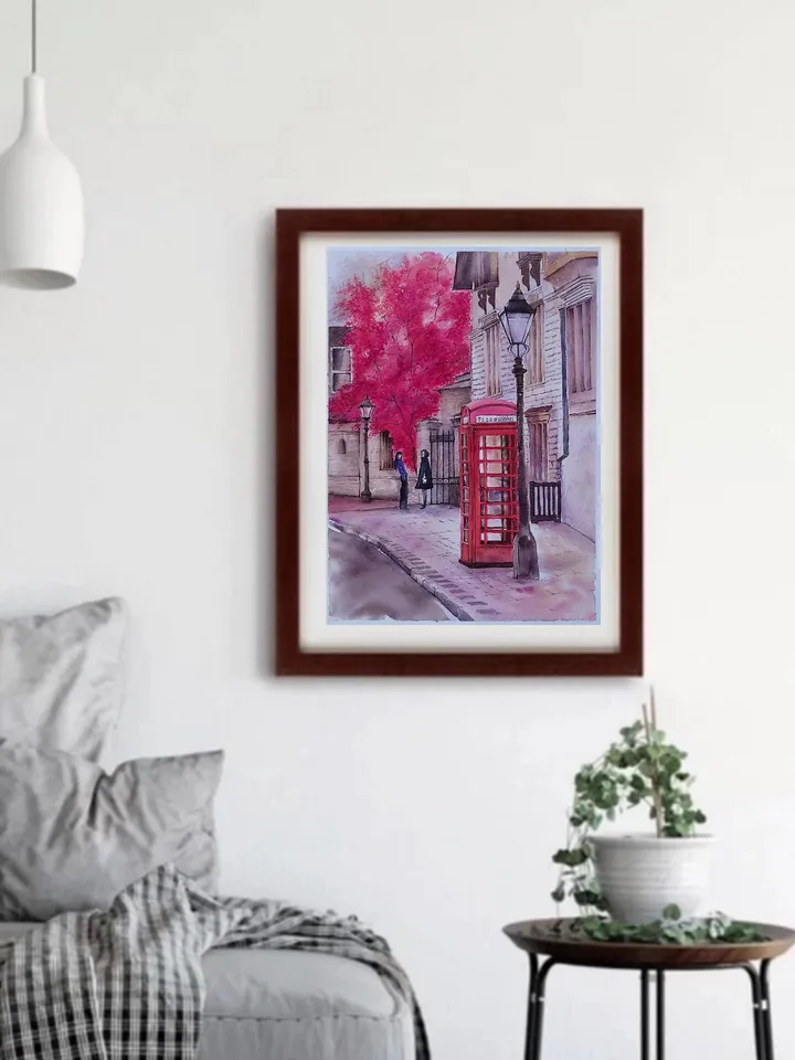 London Street Painting Urban Landscape Artwork Original Watercolor Painting Red Phone Booth Art 11.81x15.75 in by SoftWaves