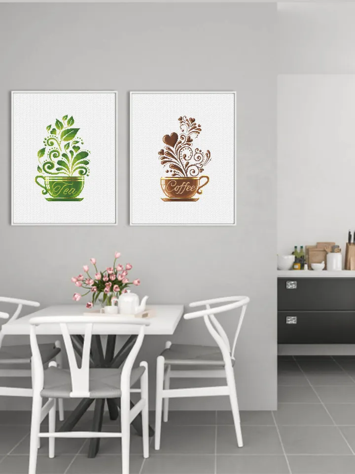 Coffee tea set cross stitch pattern download PDF Modern sampler coffee embroidery beginners Easy cute cross stitch kitchen decoration #S61