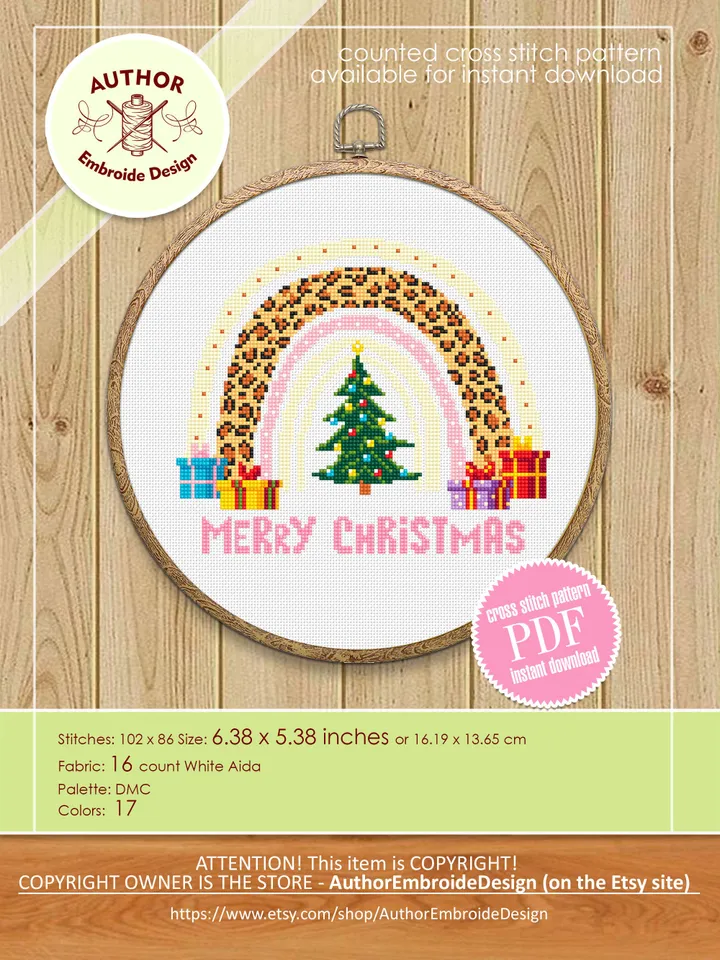 Christmas leopard rainbow cross stitch pattern PDF download, Christmas tree cross stitch, Christmas pattern digital PDF, Handmade gift #N137