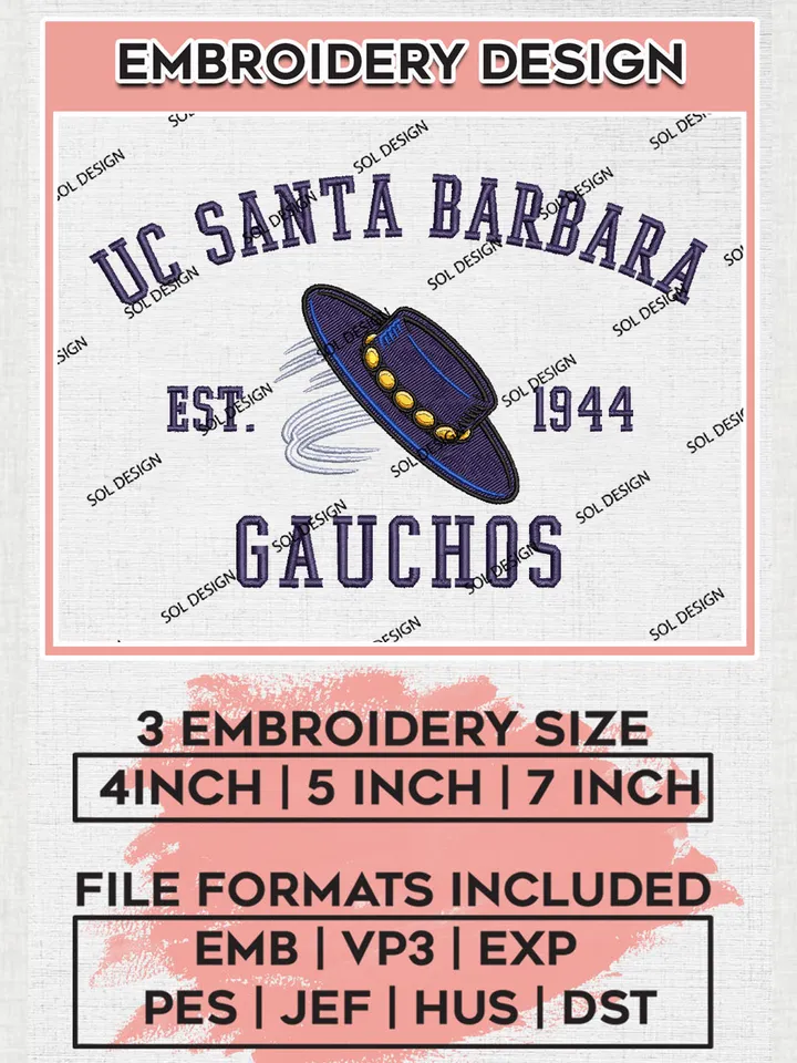 NCAA UC Santa Barbara Gauchos Team Est 1944 Logo Embroidery Design Files, NCAA UC Santa Barbara Gauchos Machine Embroidery, NCAA Teams, Game Day, 3 sizes, NCAA Machine embroidery designs, Digital Download