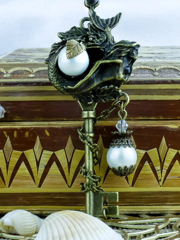 Handmade Unique Vintage Pendant - Key with Mermaid Pearls