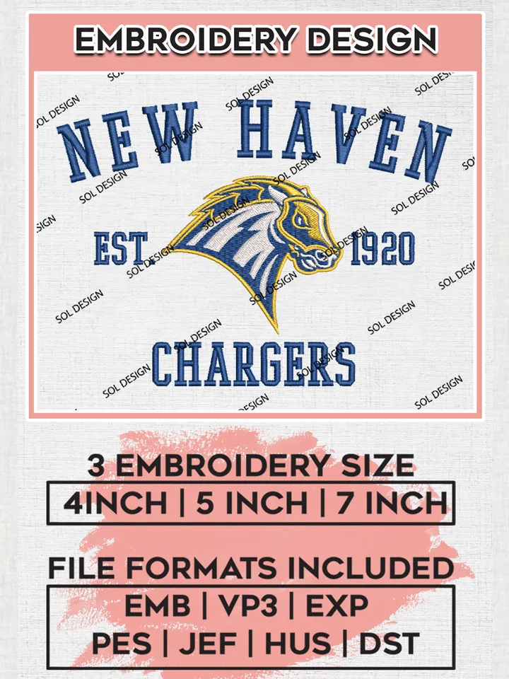 New Haven Chargers Team Est 1920 Logo Embroidery Design Files, NCAA New Haven Chargers Machine Embroidery, NCAA Teams, 3 sizes, NCAA Machine embroidery designs, Digital Download