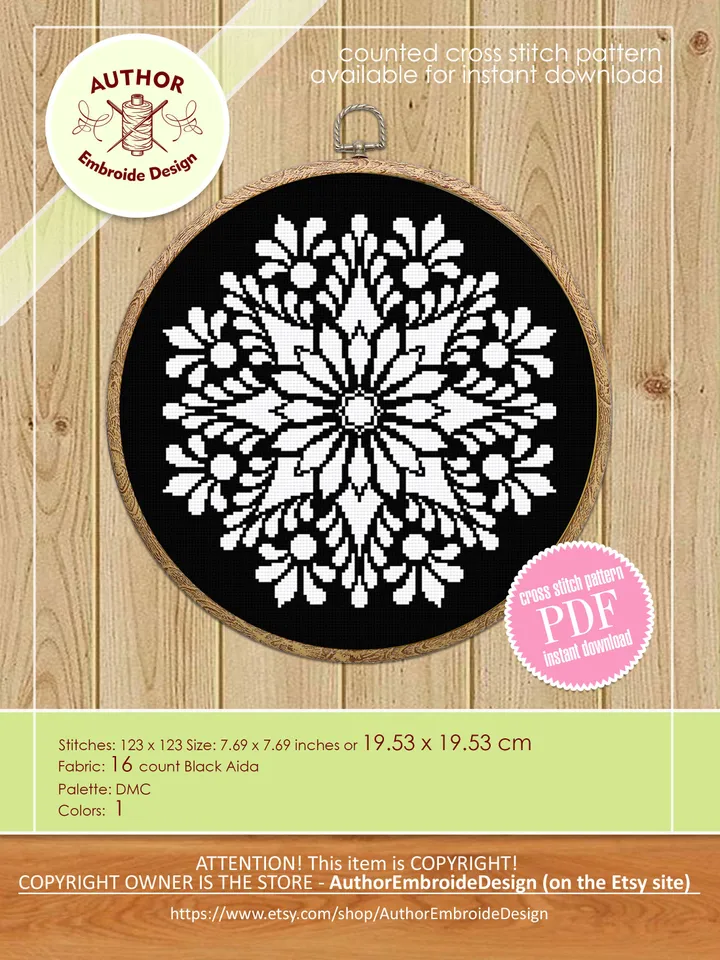 Mandala cross stitch pattern download PDF Monochrome cross stitch chart Flower mandala pattern digital Floral ornament embroidery PDF #M3
