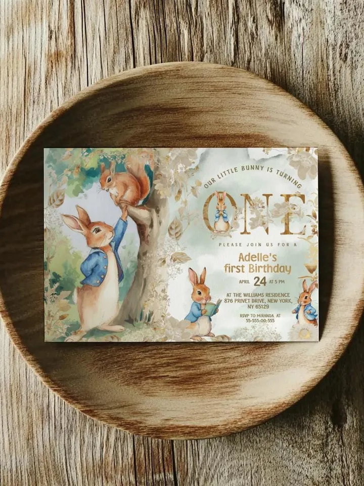 Editable and Printable Invitation template for 1st Baby Birthday party in Peter Rabbit style instant download and unlimited access pr888