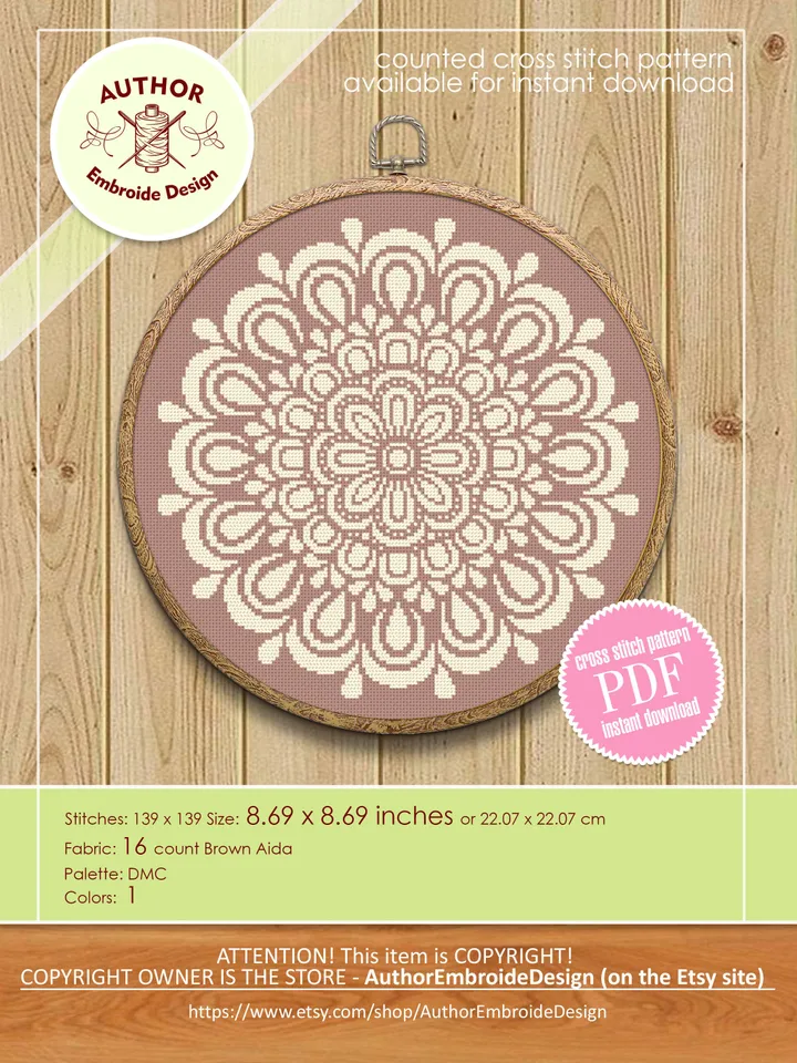 Simple mandala cross stitch pattern PDF download Flower mandala pattern digital PDF, Monochrome cross stitch chart for beginner #M244
